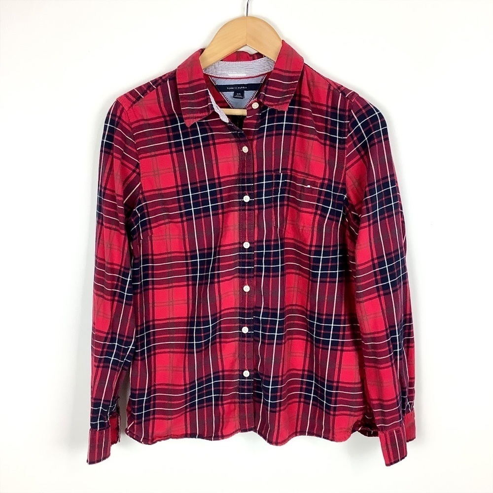 Tommy Hilfiger Womens Button Down Up Oxford Shirt Tartan Plaid Logo Pocket Large